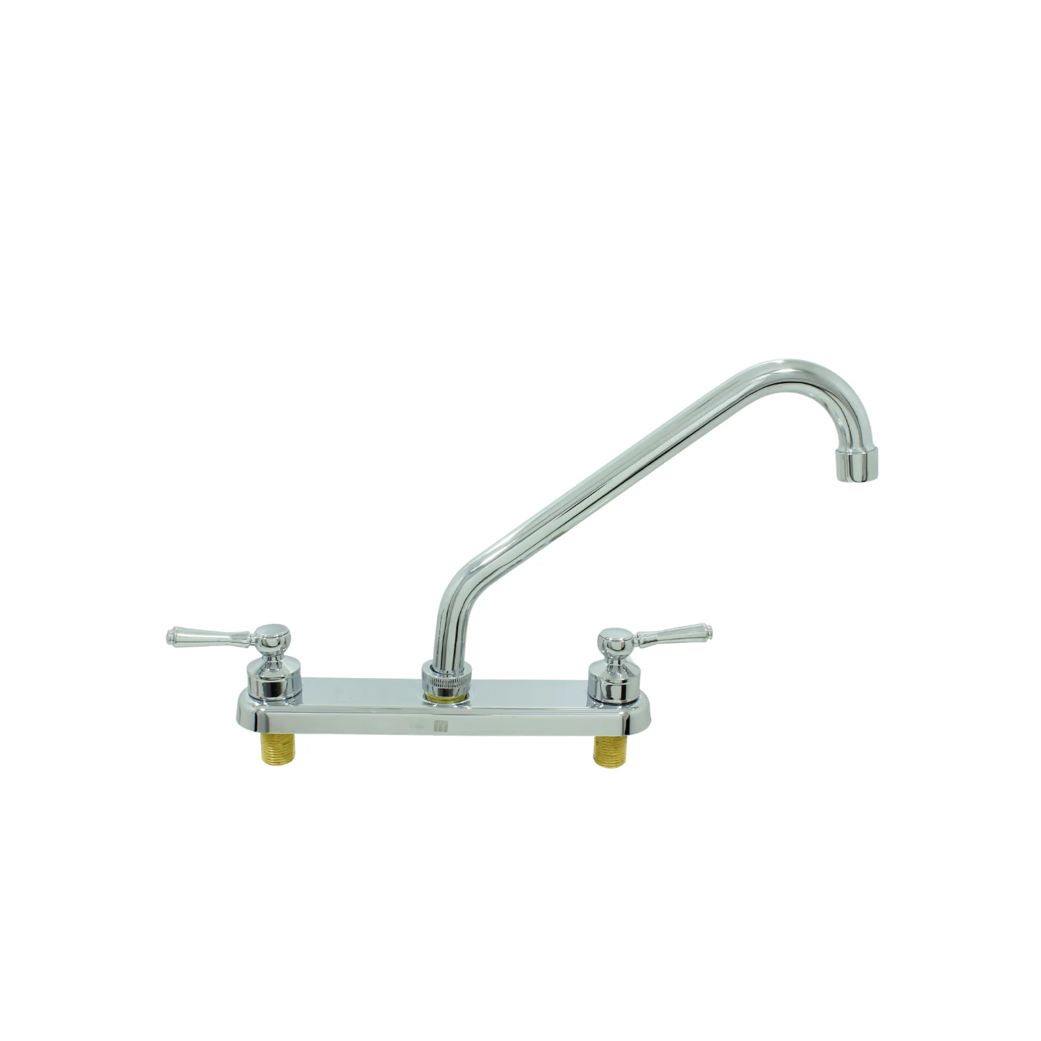 Mezcladora de fregadero cromada para cocina con cuello de ganso y dos manerales de palanca, montaje sobre cubierta.