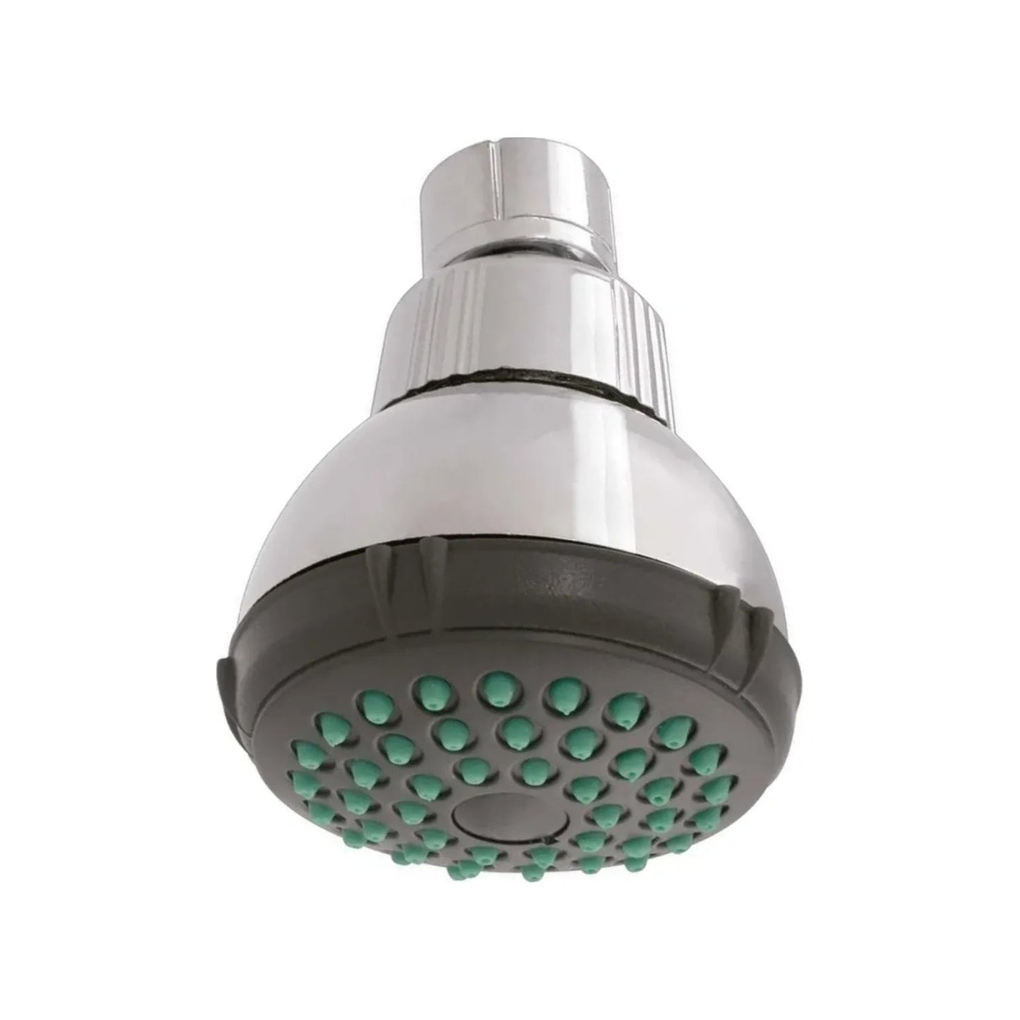 Regadera cromada de ducha con boquillas antisarro verdes y cuerpo de ABS gris