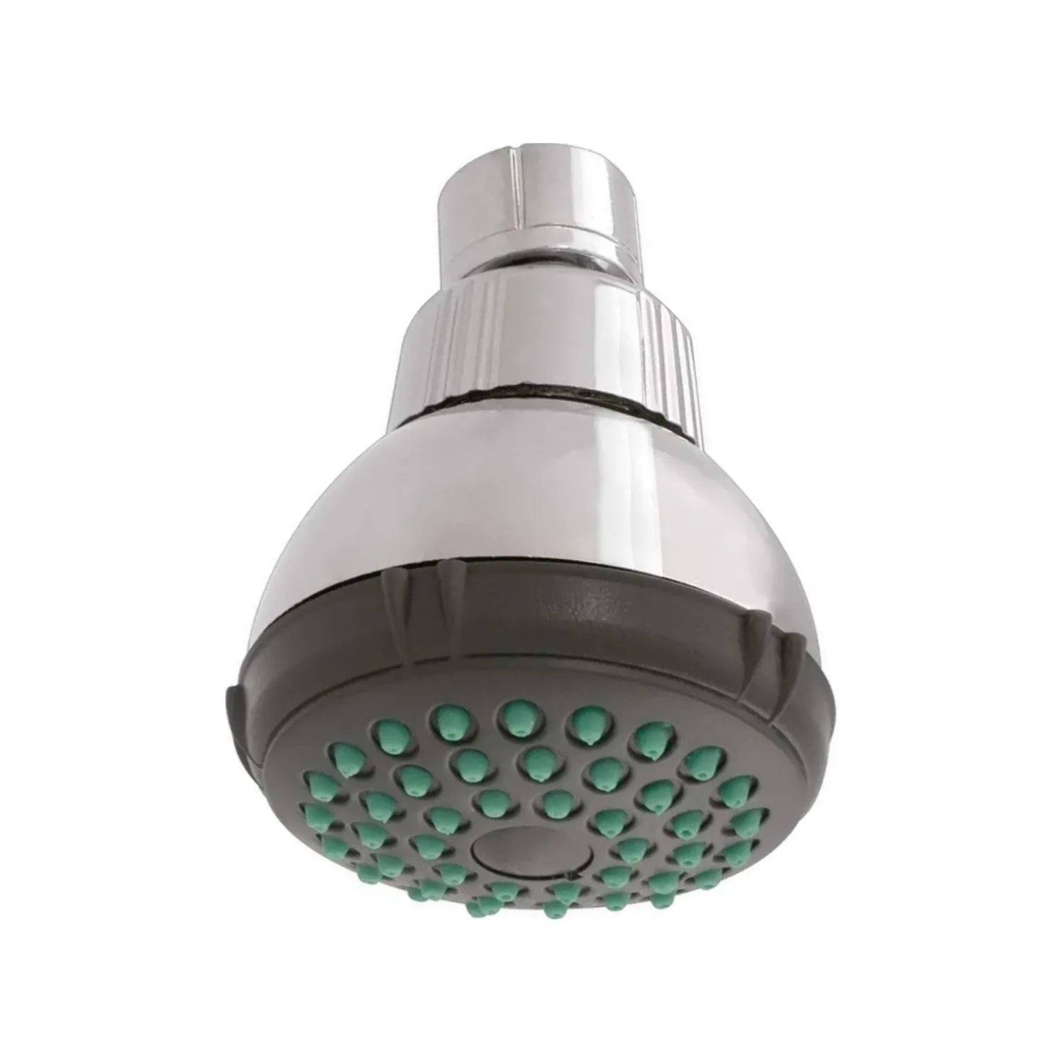 Regadera cromada de ducha con boquillas antisarro verdes y cuerpo de ABS gris