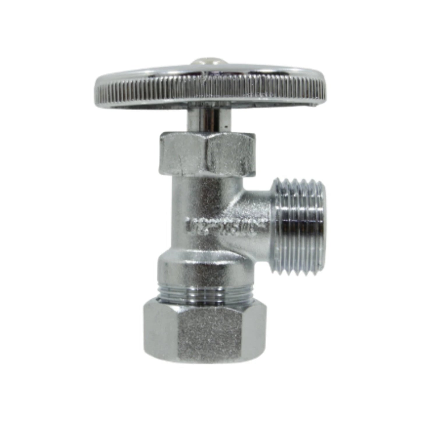 Llave angular de compresión 1/2 pulgada, válvula de paso cromada con manija redonda para plomería.