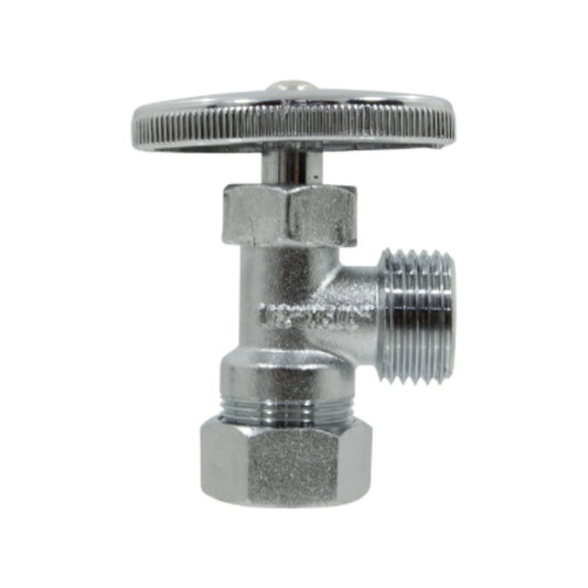 Llave angular de compresión 1/2 pulgada, válvula de paso cromada con manija redonda para plomería.