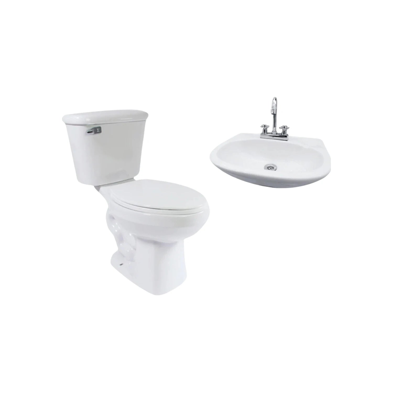 Kit de baño blanco: inodoro de cerámica con tanque y lavabo con grifo cromado. Sanitario completo para instalación.