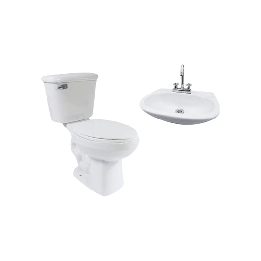 Kit de baño blanco: inodoro de cerámica con tanque y lavabo con grifo cromado. Sanitario completo para instalación.