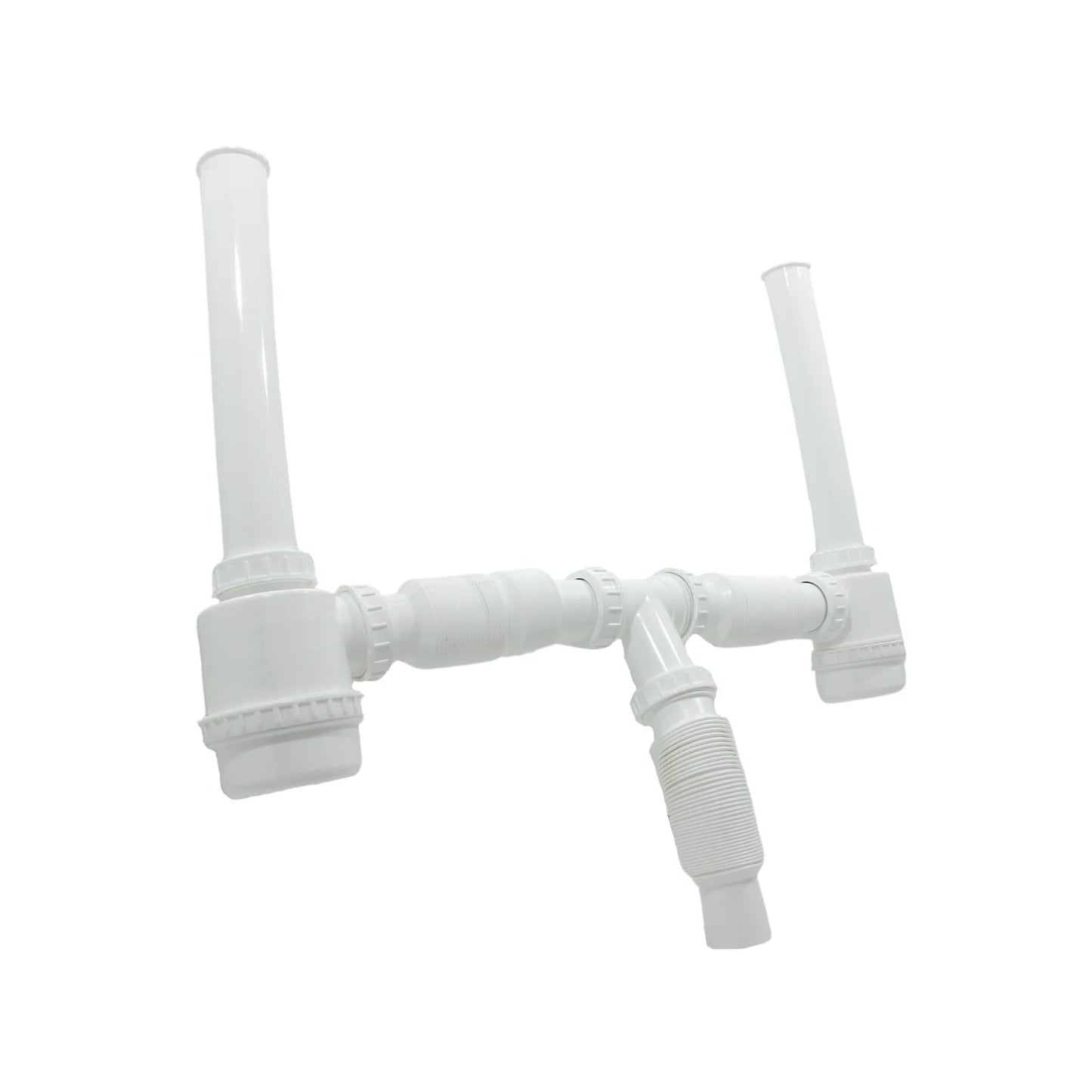 Cespol doble de plástico blanco para fregadero, con trampa y manguera flexible, ideal para instalación de desagüe