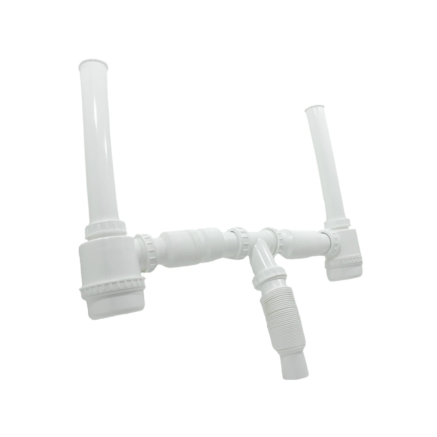 Cespol doble de plástico blanco para fregadero, con trampa y manguera flexible, ideal para instalación de desagüe