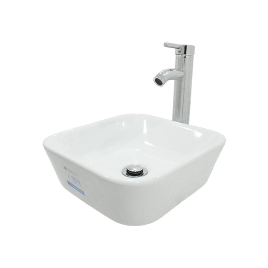 Lavabo cuadrado de porcelana blanca para baño con grifo monomando cromado y desagüe pop-up.