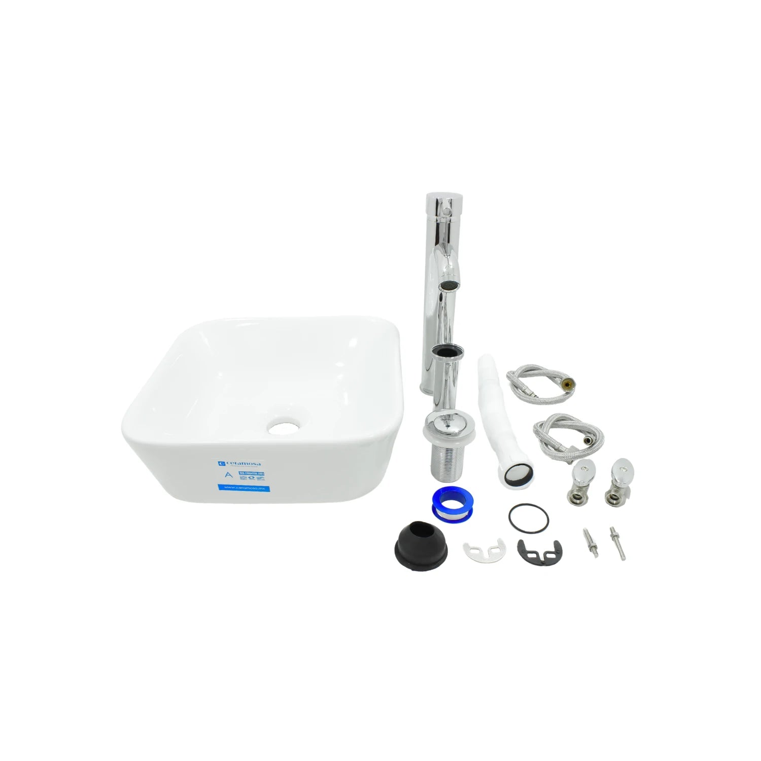 Kit completo lavabo cuadrado cerámico blanco Metalflu con grifo monomando cromado y accesorios de instalación.