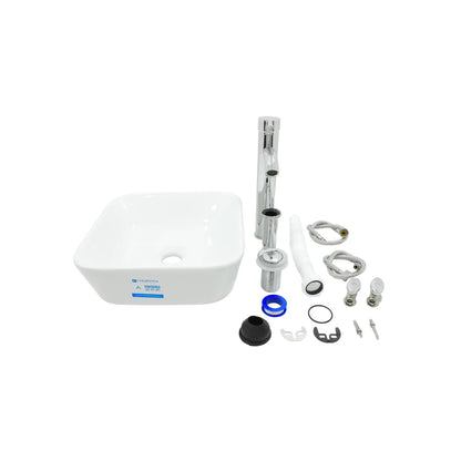 Kit completo lavabo cuadrado cerámico blanco Metalflu con grifo monomando cromado y accesorios de instalación.