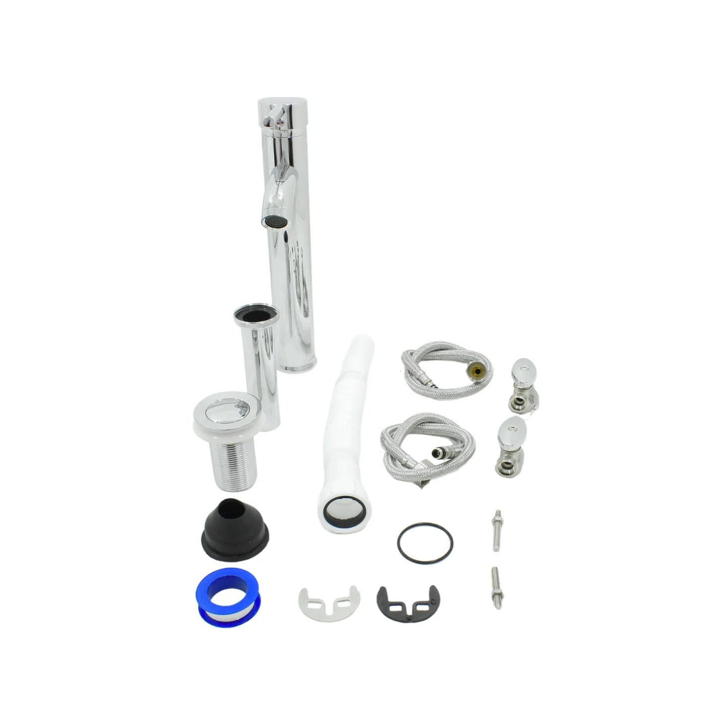 Kit completo de instalación para lavabo: grifo monomando cromado, desagüe push, sifón flexible, mangueras y llaves escuadra.