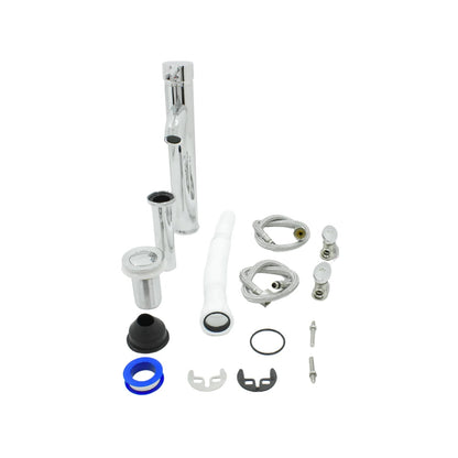 Kit completo de instalación para lavabo: grifo monomando cromado, desagüe push, sifón flexible, mangueras y llaves escuadra.