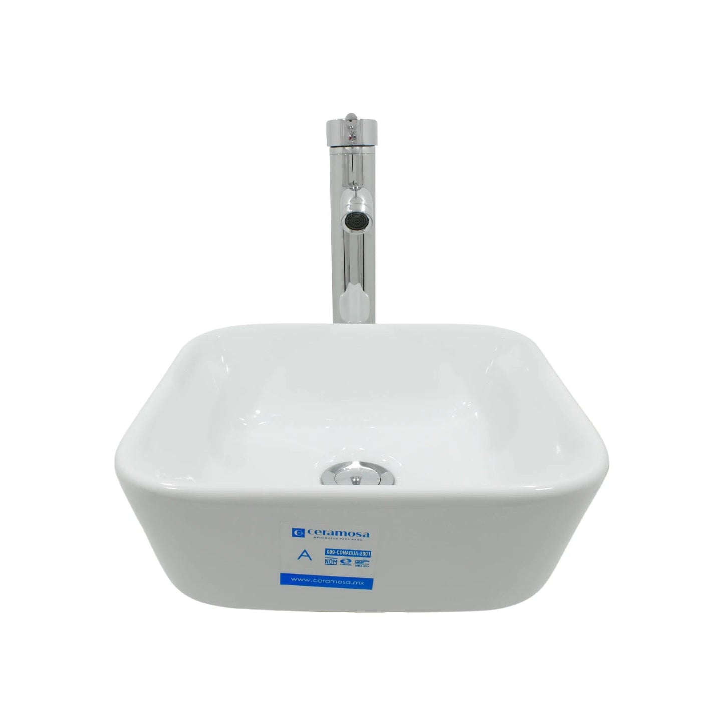 Lavabo cuadrado de cerámica blanco Ceramosa con grifo monomando cromado para baño moderno