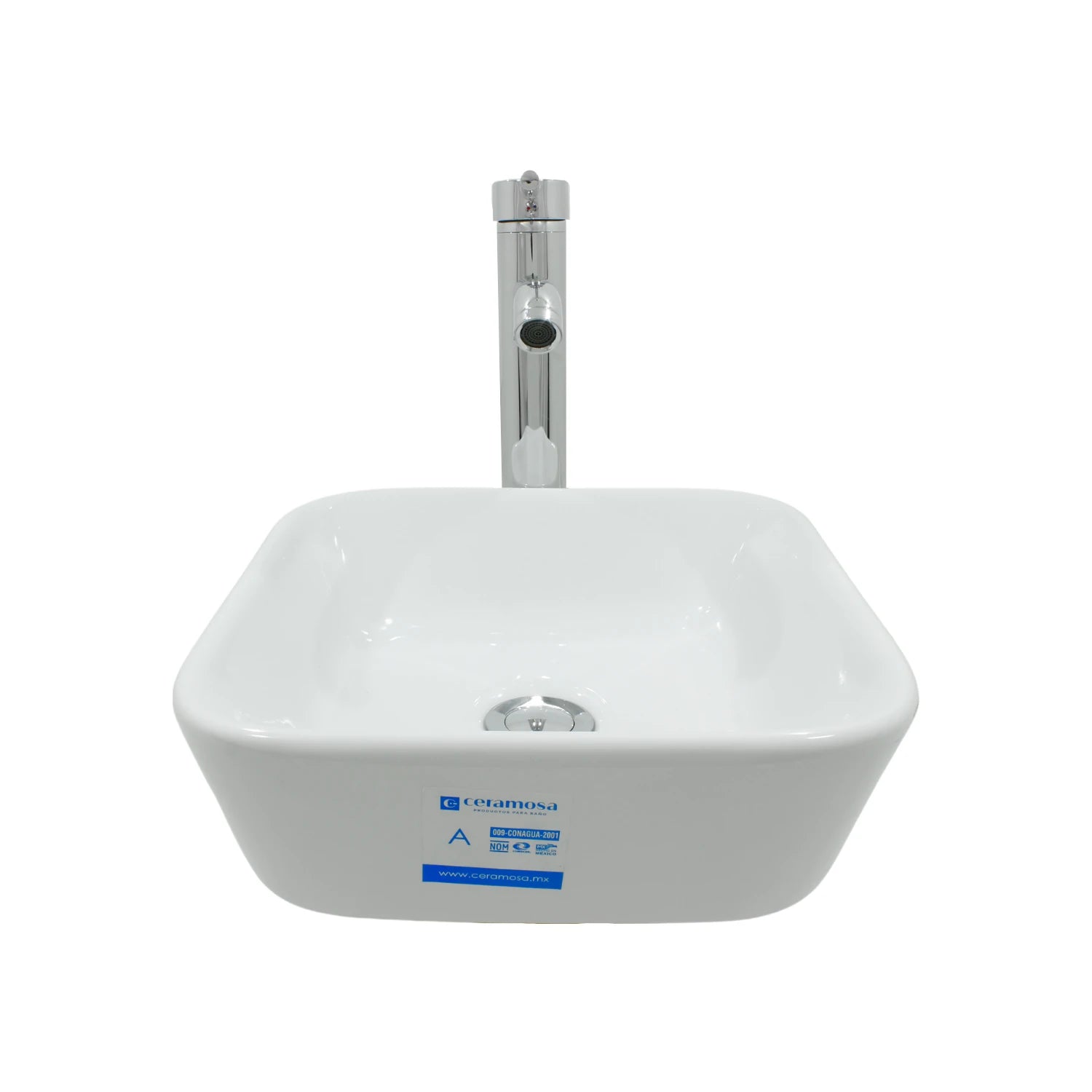 Lavabo cuadrado de cerámica blanco Ceramosa con grifo monomando cromado para baño moderno