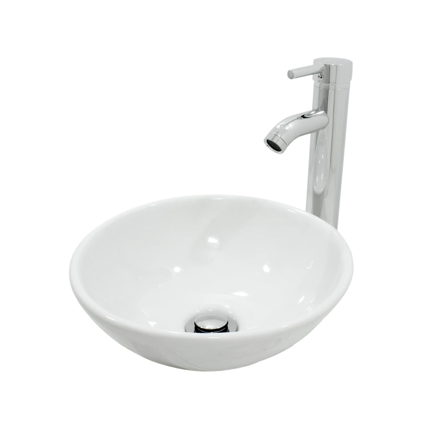Lavabo redondo de sobreponer de cerámica blanca con grifo monomando alto cromado para baño.