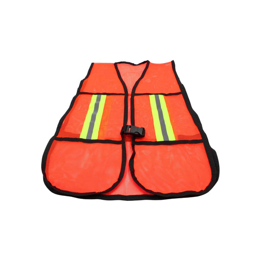 Chaleco de seguridad naranja de malla con franjas reflejantes amarillas y grises, cierre de hebilla, para construcción