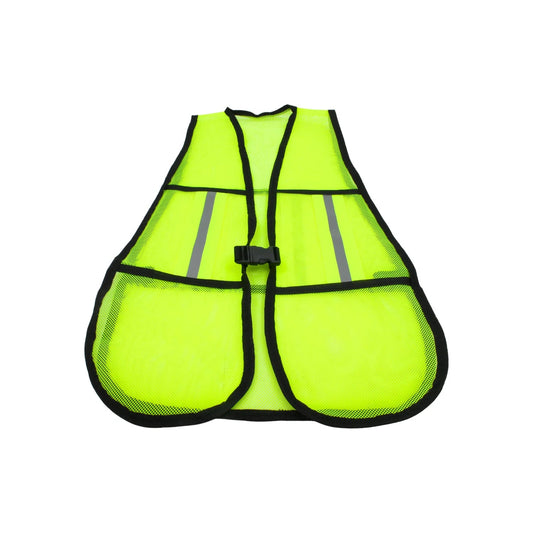 Chaleco de seguridad neón de malla con reflejantes, broche frontal y bolsillos, alta visibilidad.