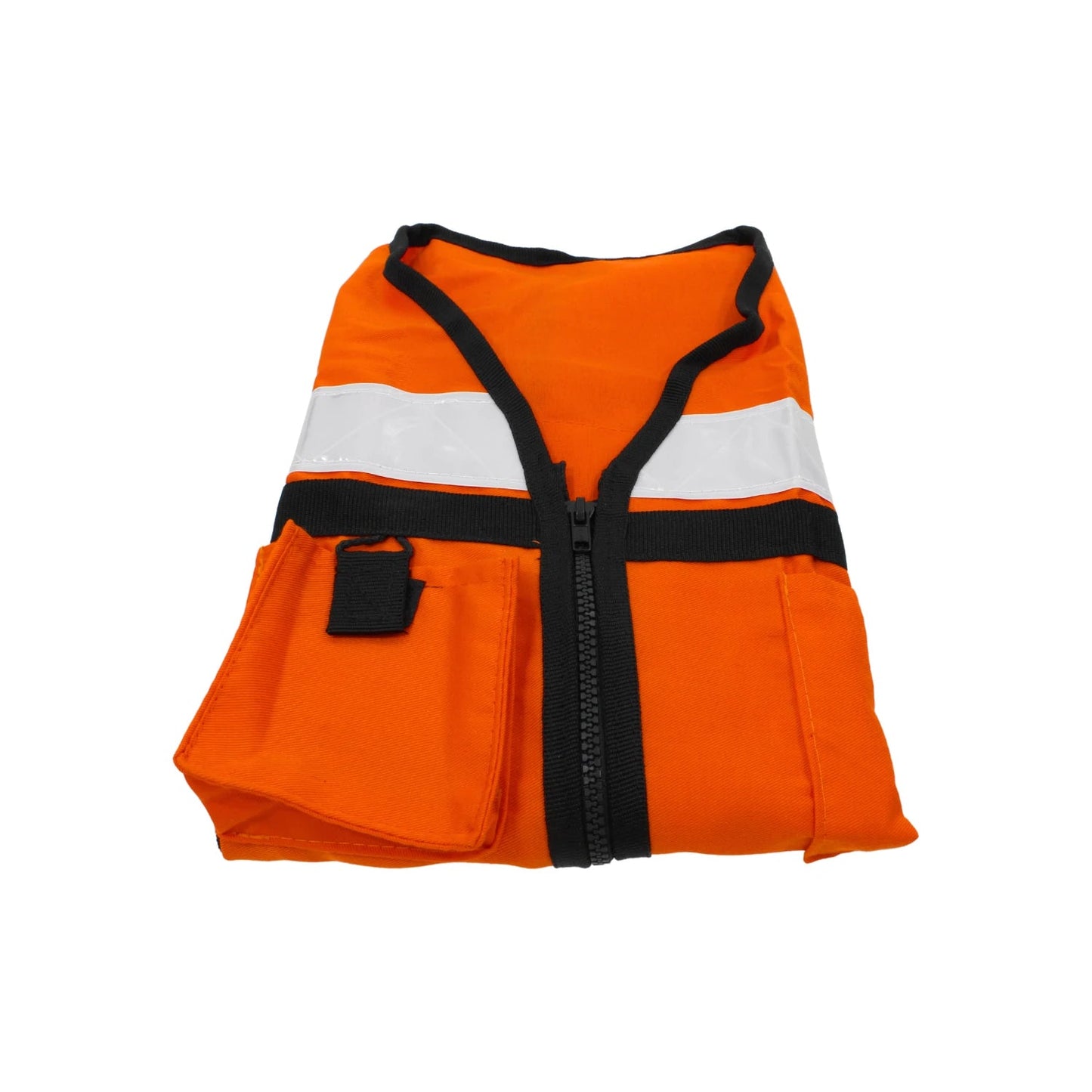 Chaleco de seguridad brigadista naranja plegado con cremallera, bandas reflectantes blancas y bolsillo.