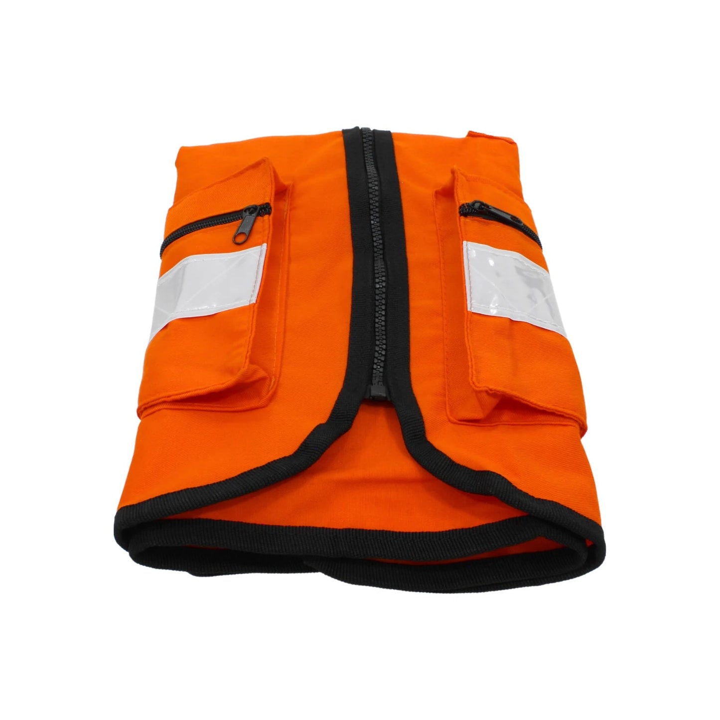 Chaleco de seguridad naranja brigadista, zipper frontal, 2 bolsillos con cierre y bandas reflectantes.
