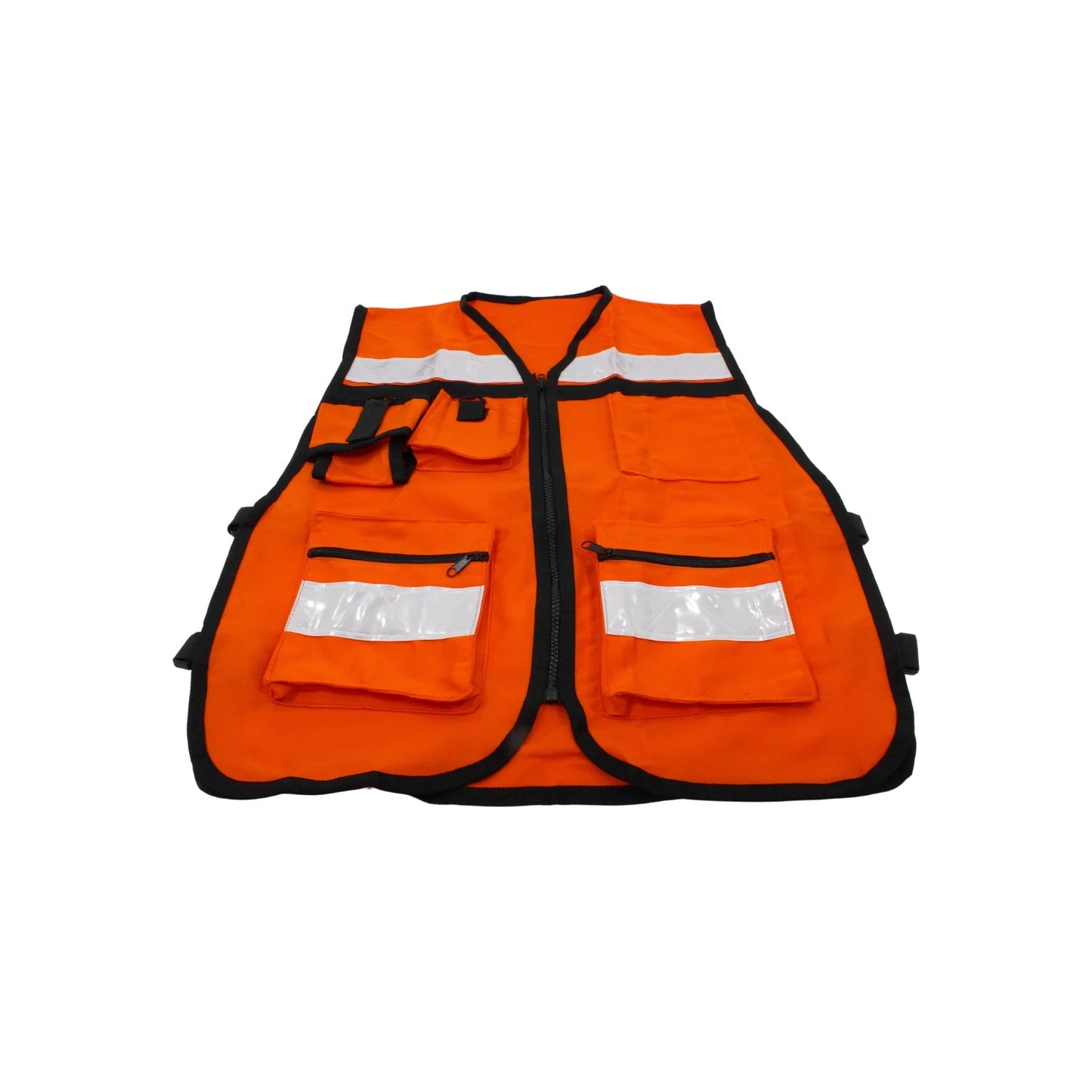 Chaleco de seguridad naranja con franjas reflectantes, múltiples bolsillos y cierre frontal para brigadistas y trabajadores