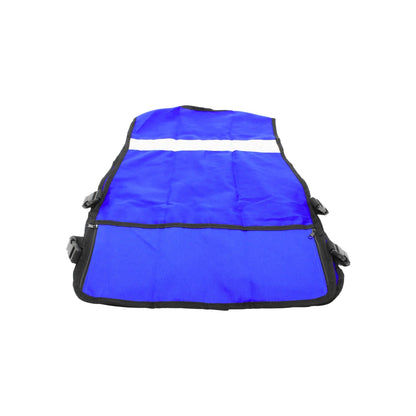 Chaleco de seguridad azul rey con banda reflectante blanca, bolsillos con cremallera y hebillas laterales ajustables