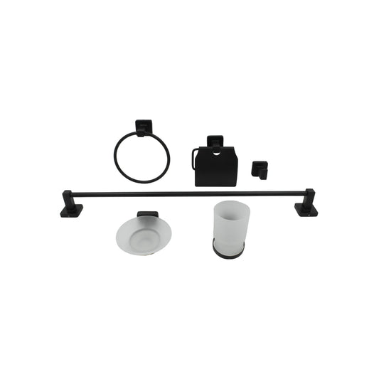 Juego de accesorios de baño de 6 piezas negro mate: toallero, aro, portarrollos, gancho, jabonera y vaso.