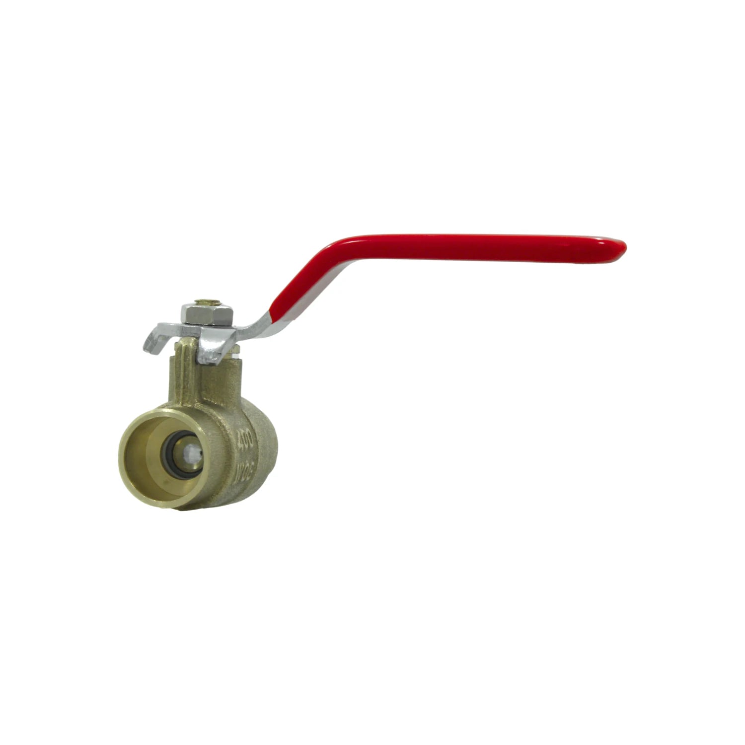Válvula de esfera latón 1/2" soldable con maneta roja para fontanería y control de flujo de agua o gas.