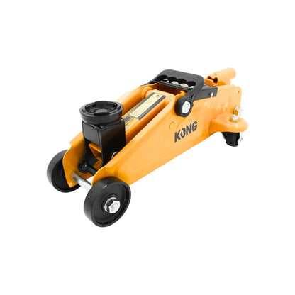 Gato de patín hidráulico naranja Kong 2 toneladas con ruedas, ideal para elevación automotriz y taller.