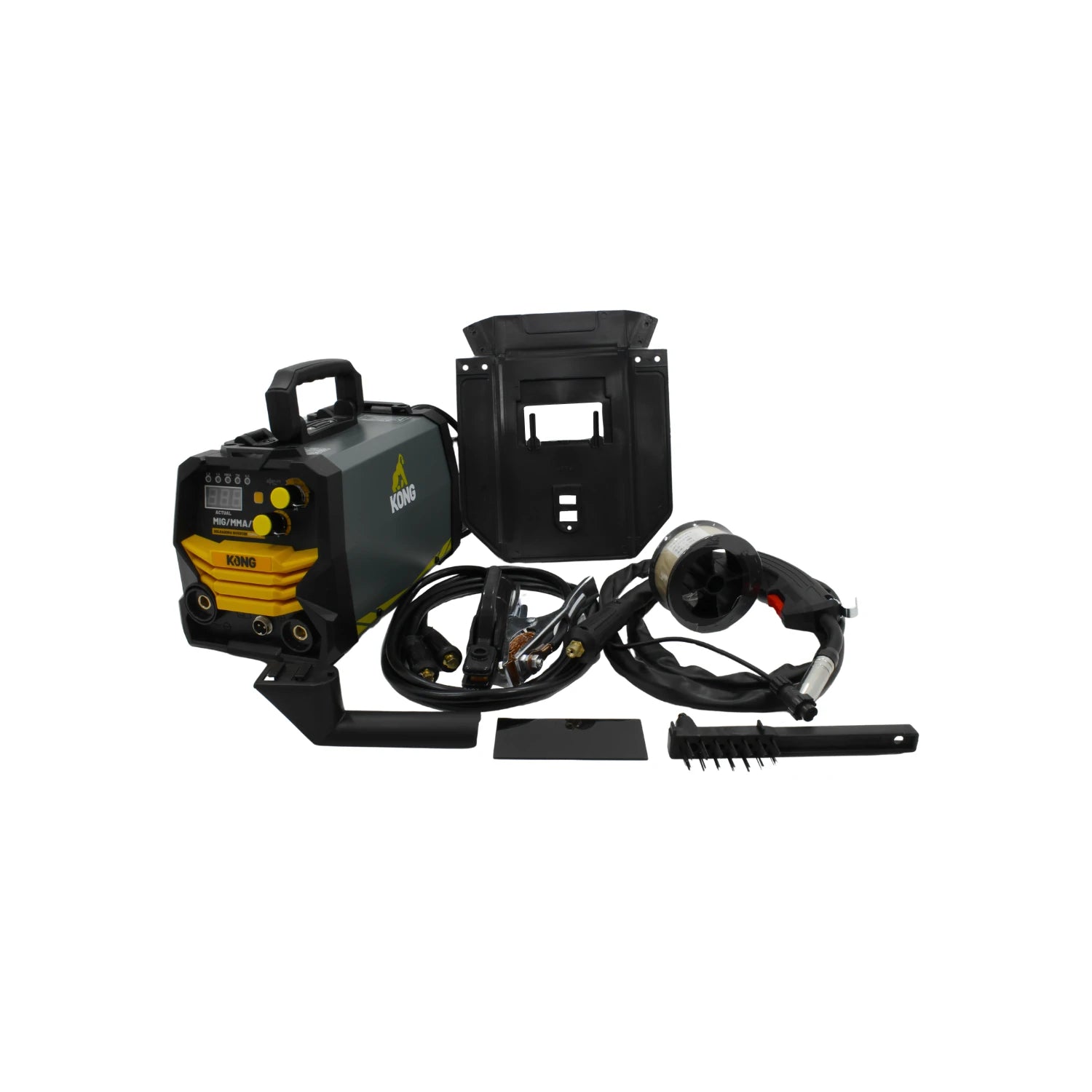 Soldadora inversora multiproceso Kong KOMIG-130A verde y amarilla con antorcha MIG, careta de soldar y cables