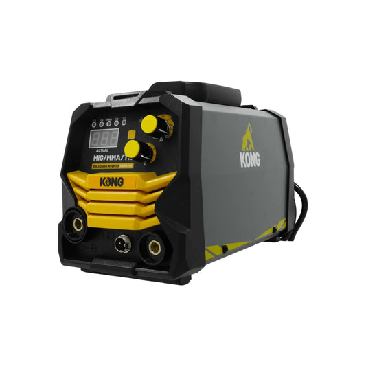 Soldadora inversora KONG KOMIG-130 MIG/MMA/TIG portátil, digital, negra con detalles amarillos para trabajos de soldadura.