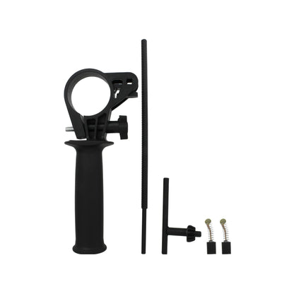 Accesorios negros para rotomartillo: empuñadura auxiliar, tope de profundidad, llave de broquero y carbones motor