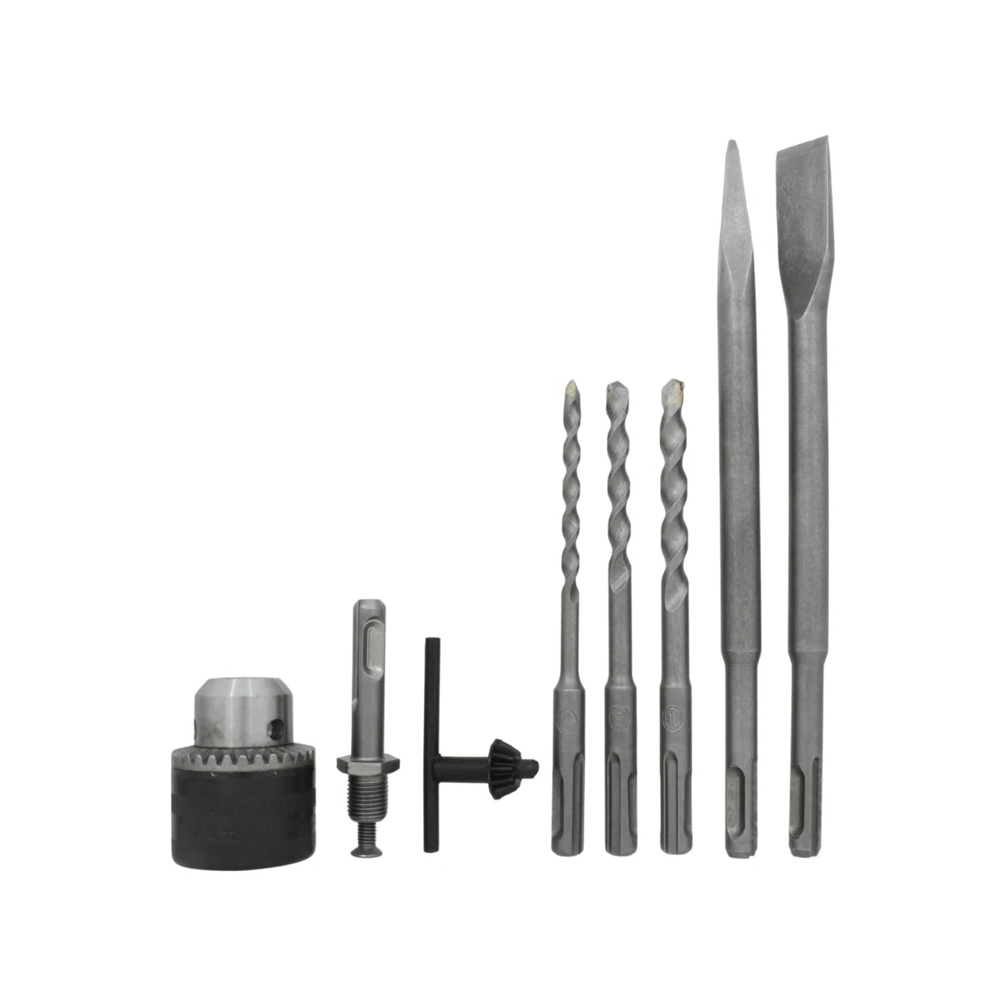 Accesorios SDS-plus para taladro percutor: 3 brocas concreto, 2 cinceles, adaptador portabrocas y llave