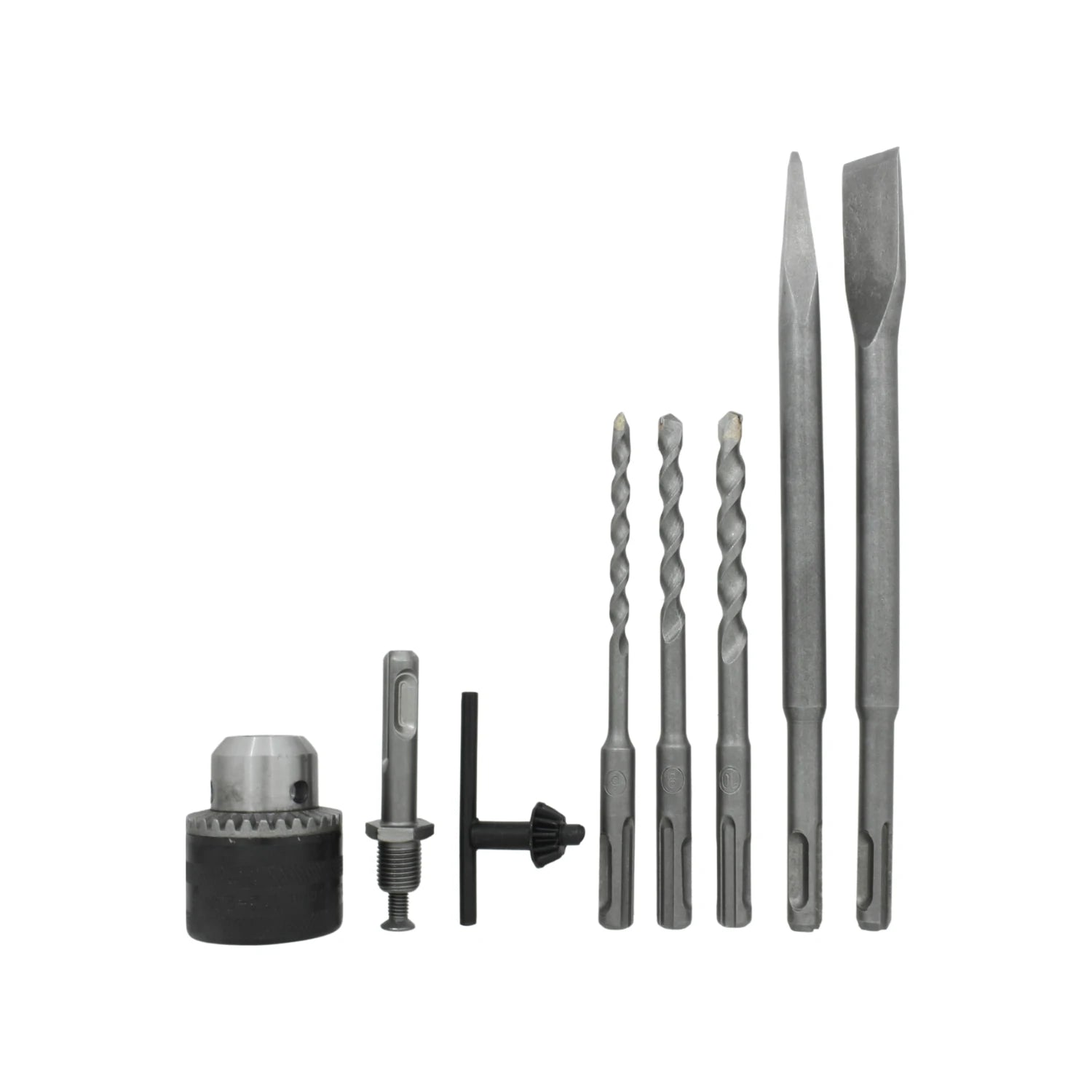 Accesorios SDS-plus para taladro percutor: 3 brocas concreto, 2 cinceles, adaptador portabrocas y llave