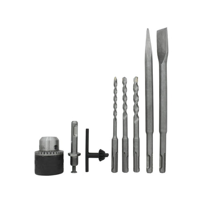 Accesorios SDS-plus para taladro percutor: 3 brocas concreto, 2 cinceles, adaptador portabrocas y llave