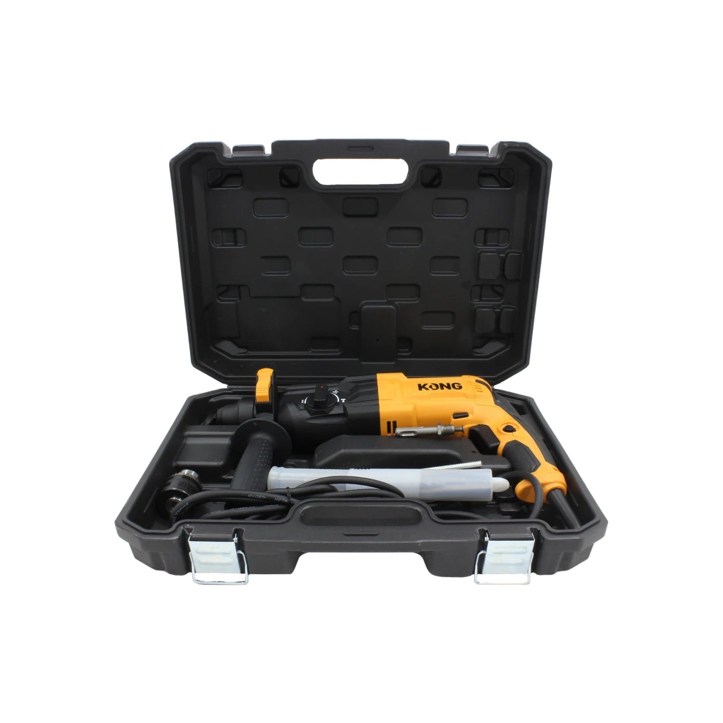 Martillo perforador KONG SDS amarillo y negro en maletín, con mango auxiliar y brocas.
