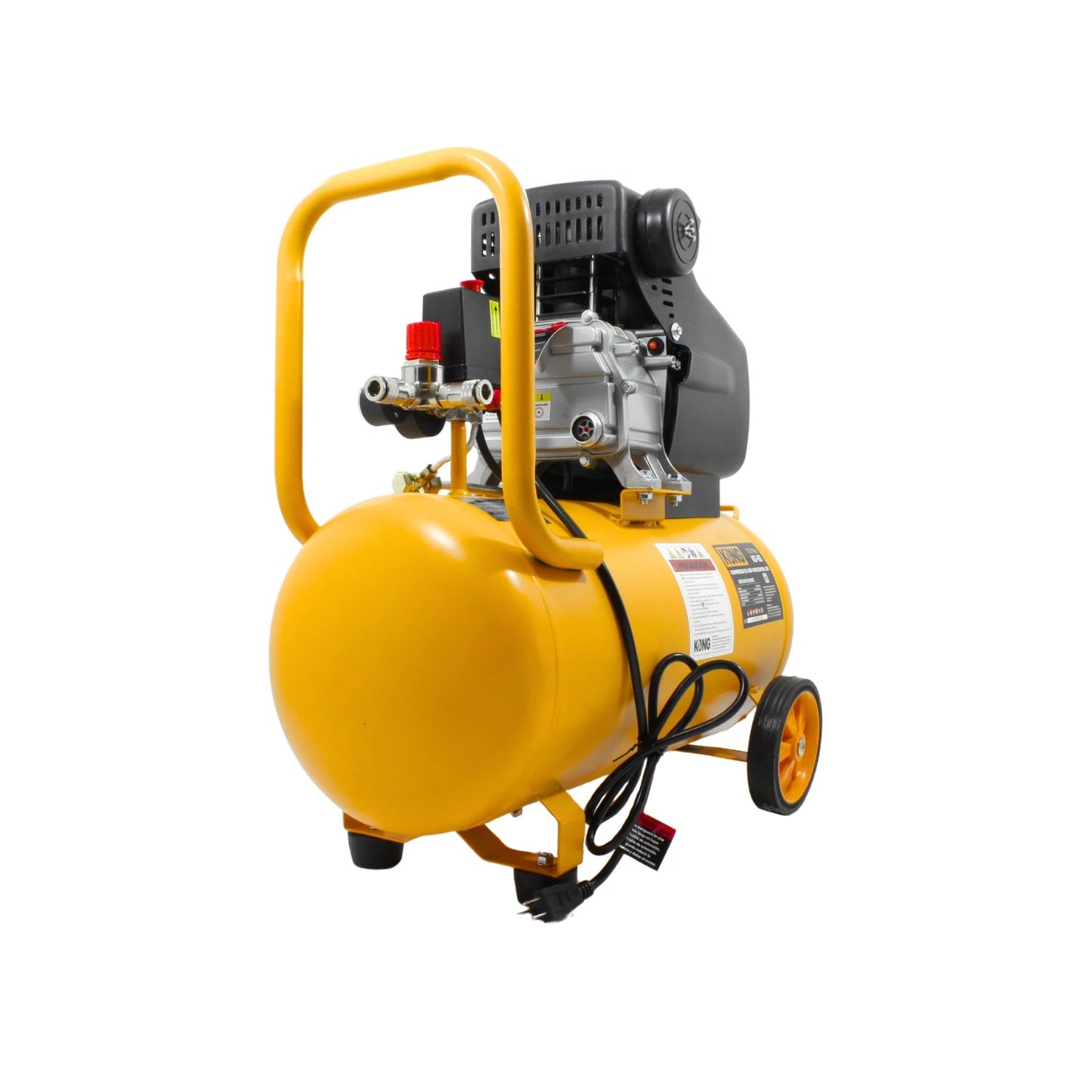 Compresor de aire amarillo KONG 3 HP 50 litros portátil con ruedas y reguladores para taller