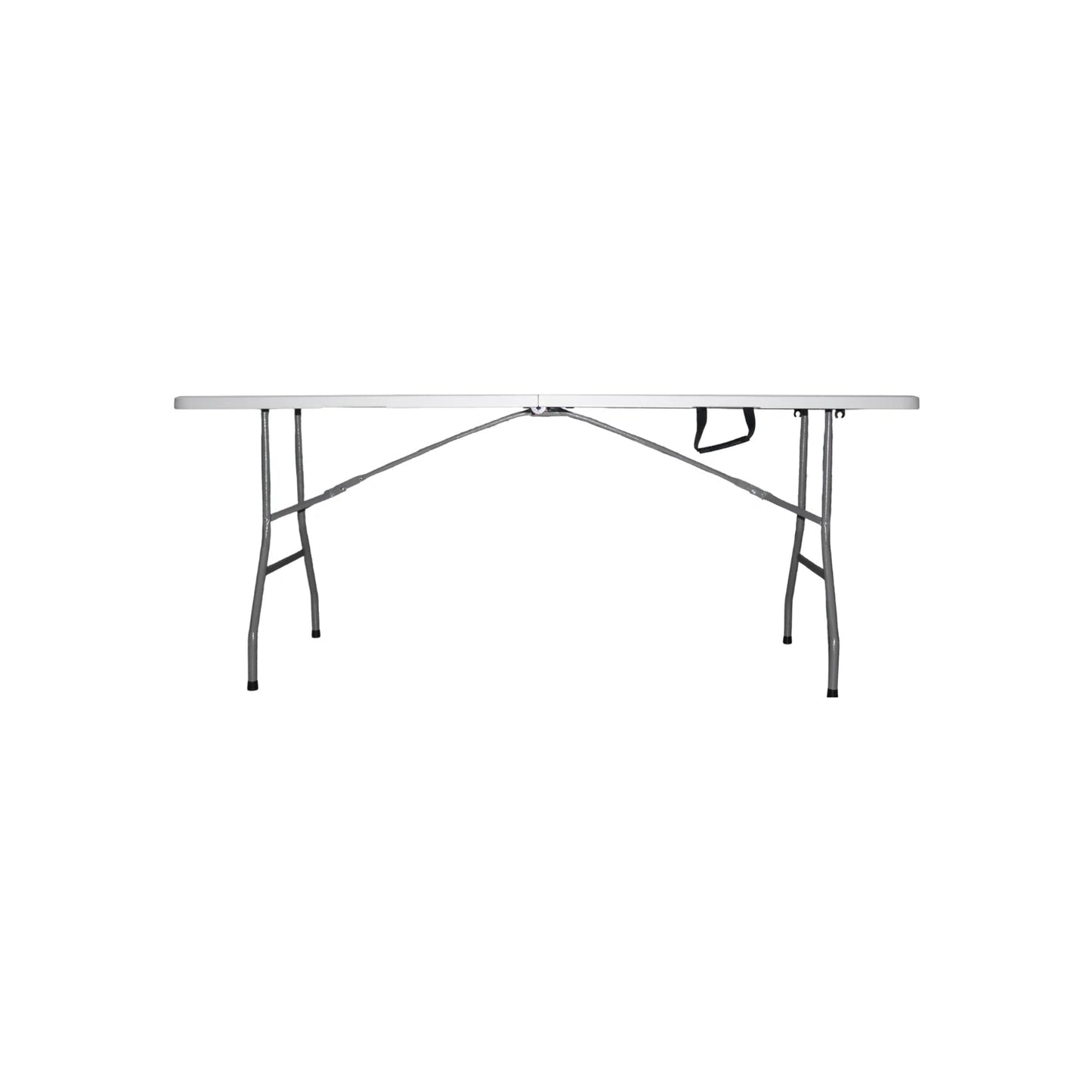 Mesa plegable rectangular blanca de 180x70x74 cm con patas metálicas, ideal para jardín, camping o eventos.