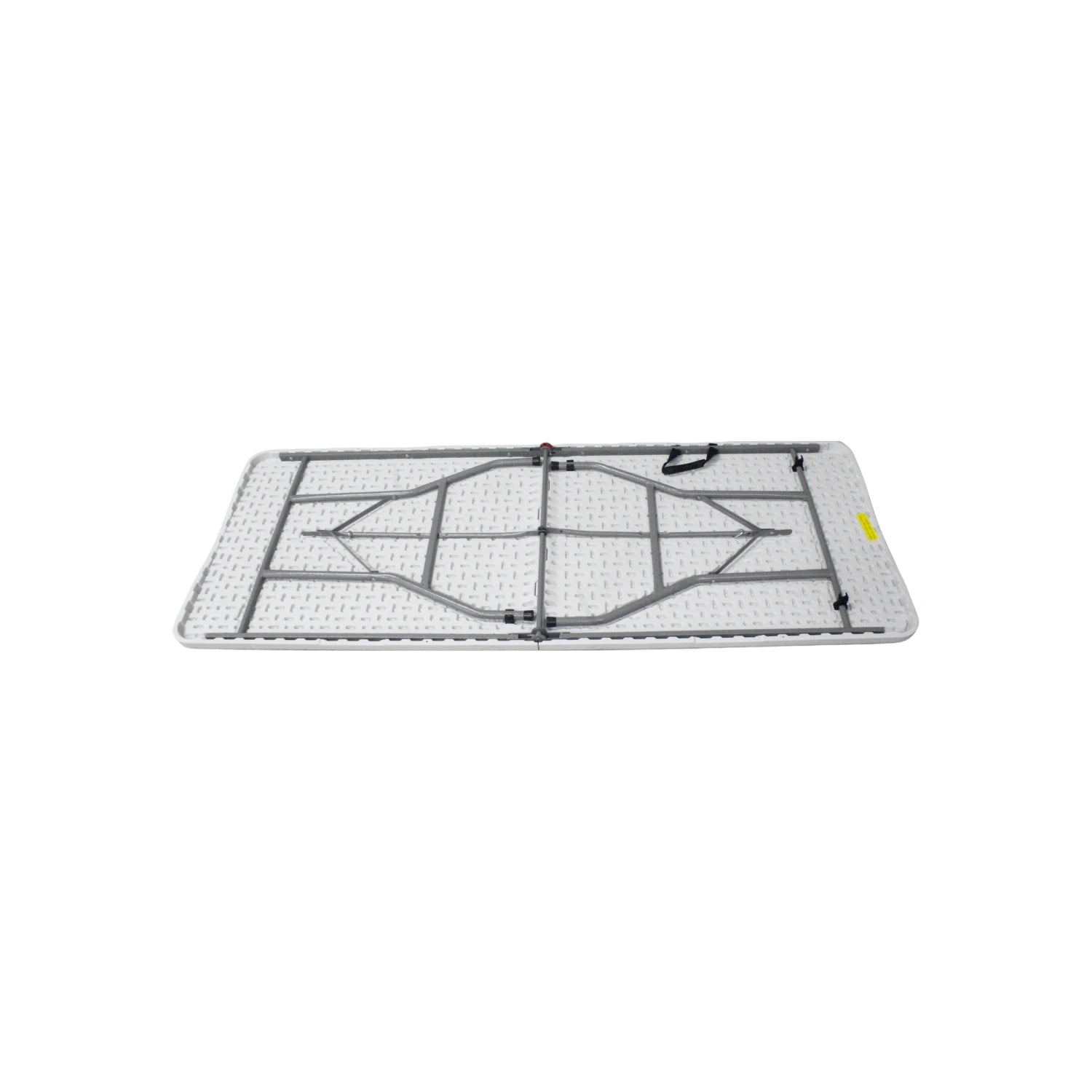 Mesa plegable rectangular blanca, vista inferior con estructura metálica gris y patas plegadas para almacenamiento
