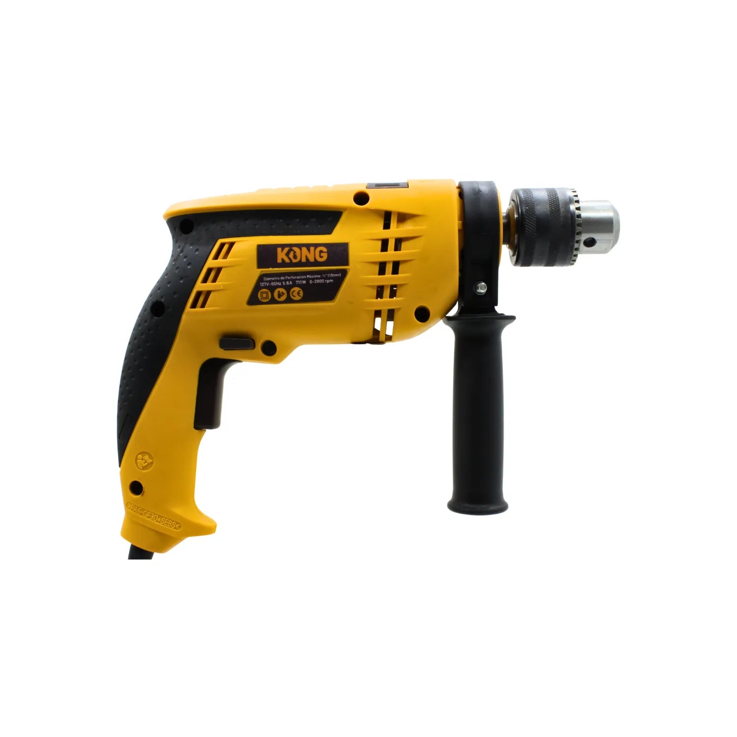 Rotomartillo eléctrico KONG 1/2 pulgada, amarillo y negro, 710W, con mango auxiliar para perforar.