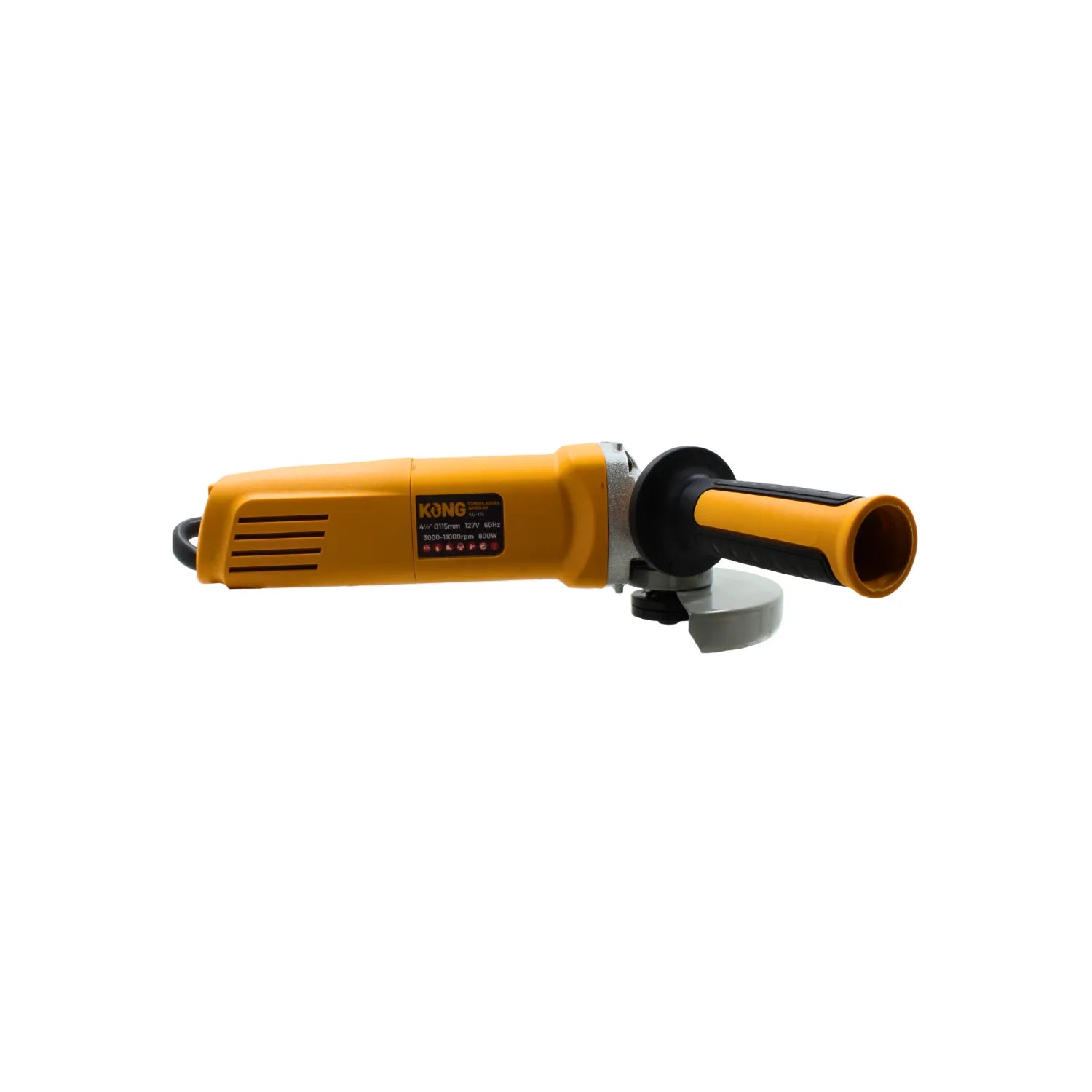 Esmeriladora angular eléctrica KONG amarilla 4 1/2 pulgadas 800W para cortar y desbastar metal.
