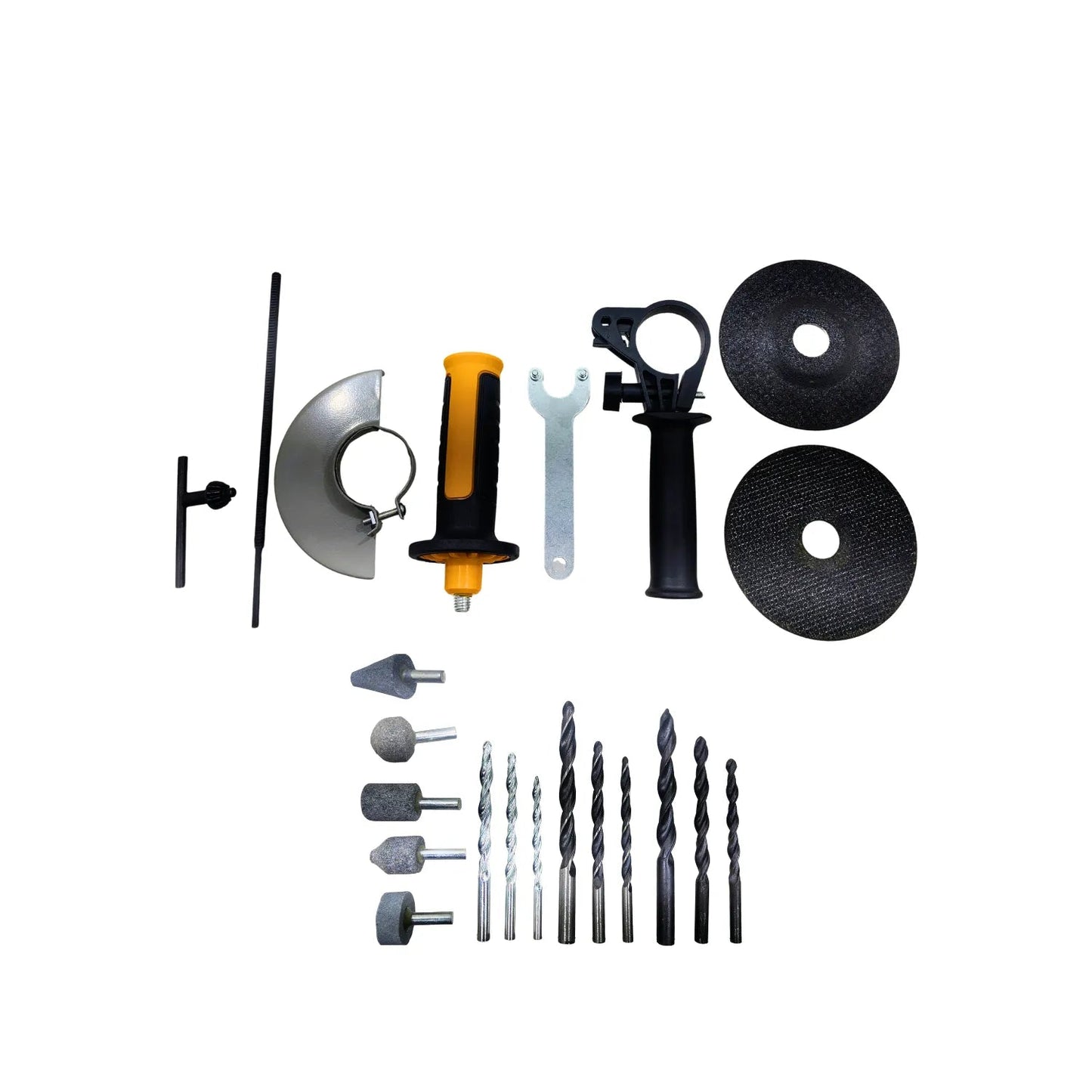 Kit de accesorios para esmeriladora y rotomartillo: discos de corte, brocas, puntas de pulido, mangos, guarda y llaves.
