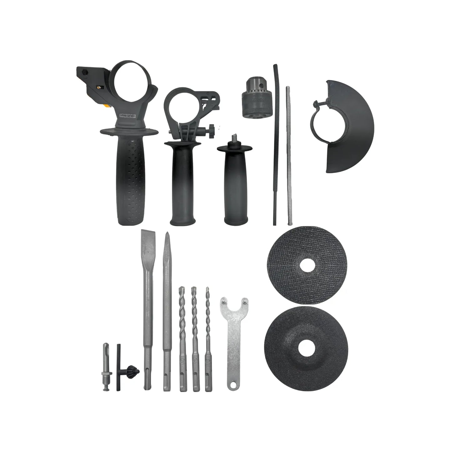 Kit de accesorios para rotomartillo y amoladora: empuñaduras, brocas SDS, cinceles, discos de corte, portabrocas y llave de ajuste
