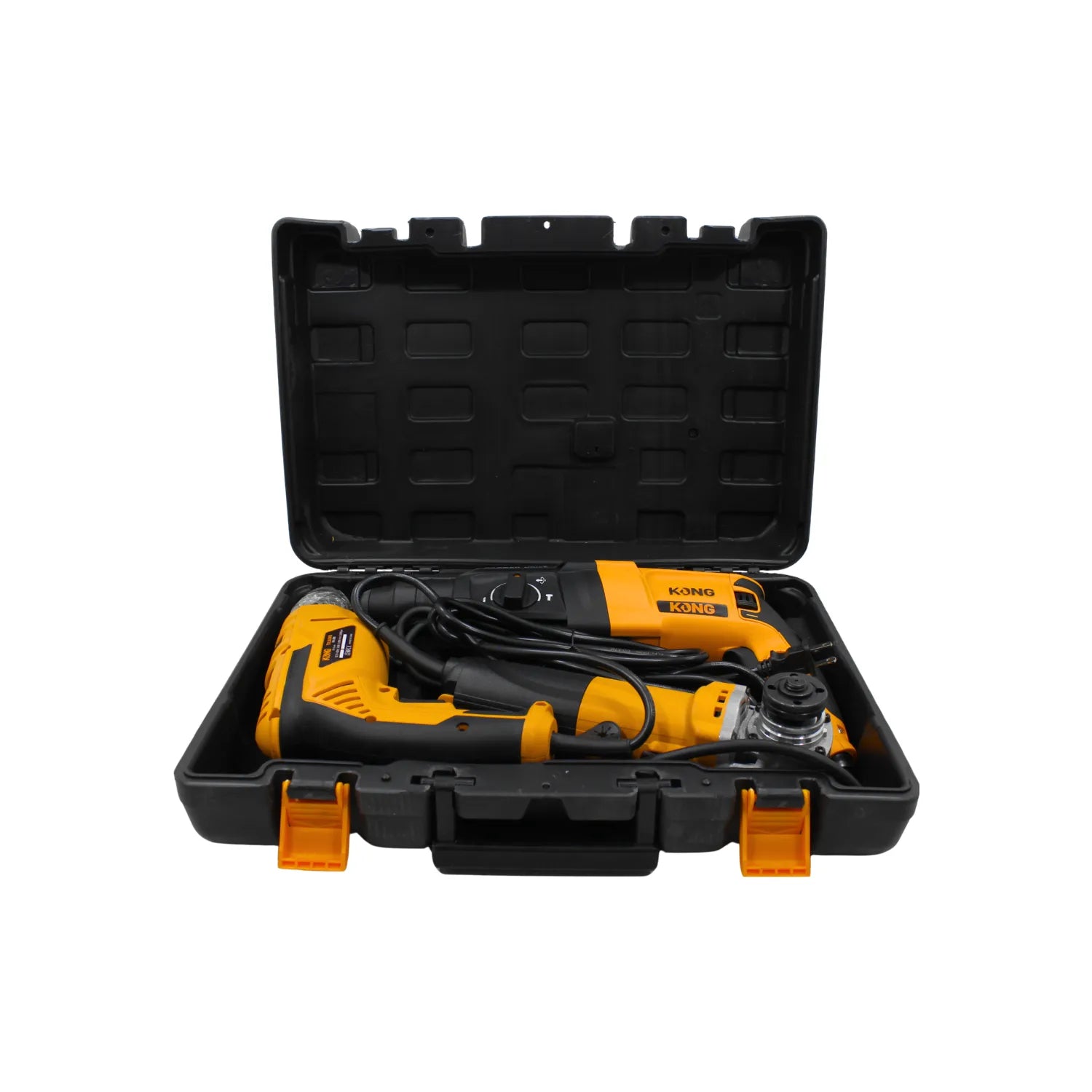 Kit combinado KONG con rotomartillo y esmeriladora angular en maletín de transporte plástico resistente color negro y amarillo