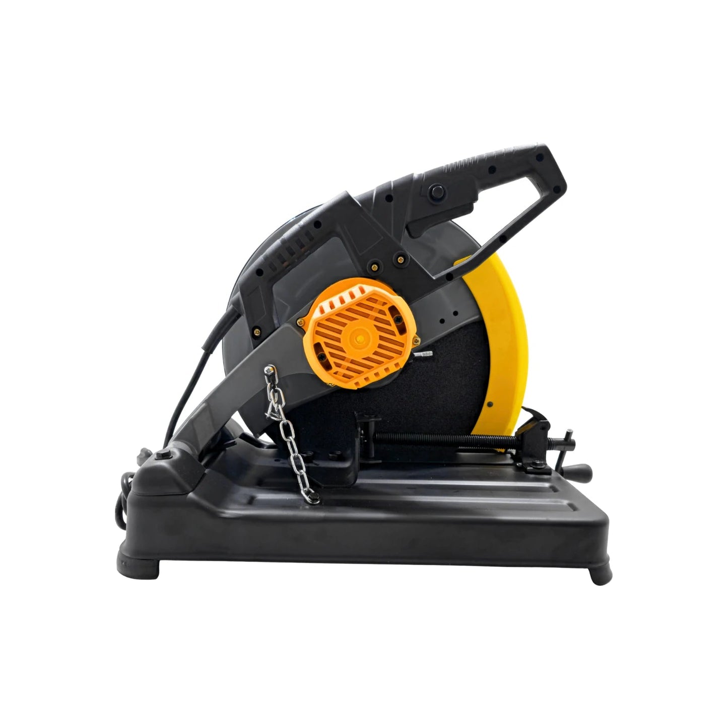 Sierra tronzadora de metal 14" 2100W con disco abrasivo, base y prensa, negra y amarilla.