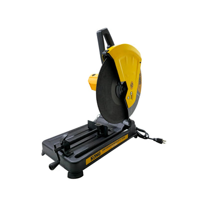 Cortadora de metales Kong 14" 2100W eléctrica con disco abrasivo, base negra y guarda amarilla.
