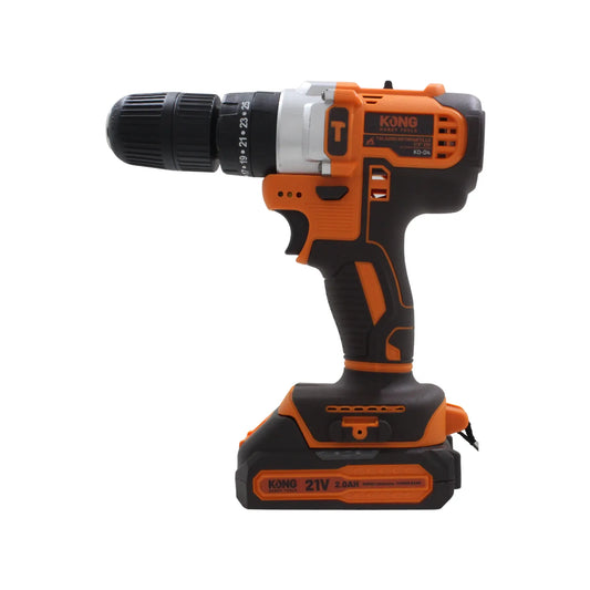 Taladro rotomartillo inalámbrico KONG 21V con batería de litio 2.0Ah color naranja y negro para uso profesional.