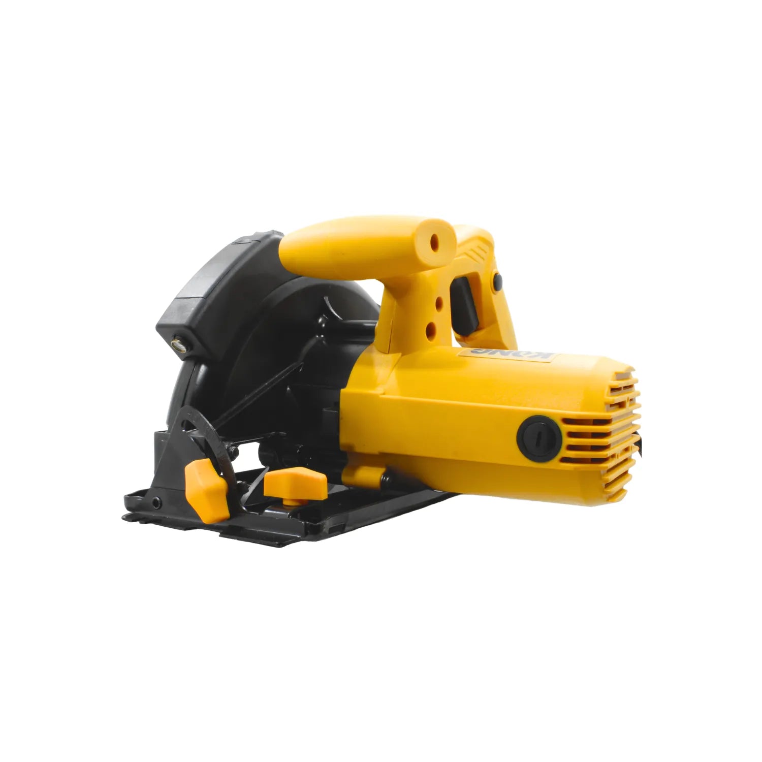 Sierra circular eléctrica amarilla y negra con guarda de seguridad, empuñadura ergonómica para cortes de precisión en madera.