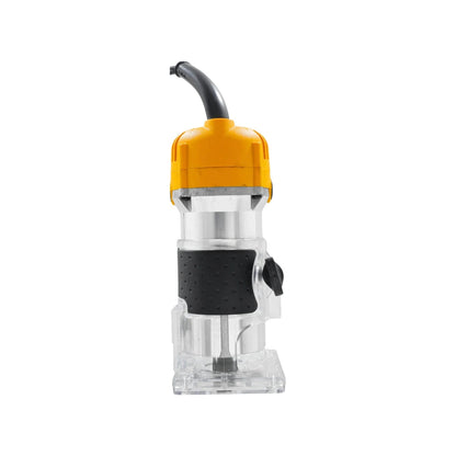 Router compacto eléctrico amarillo 700W con base transparente para carpintería