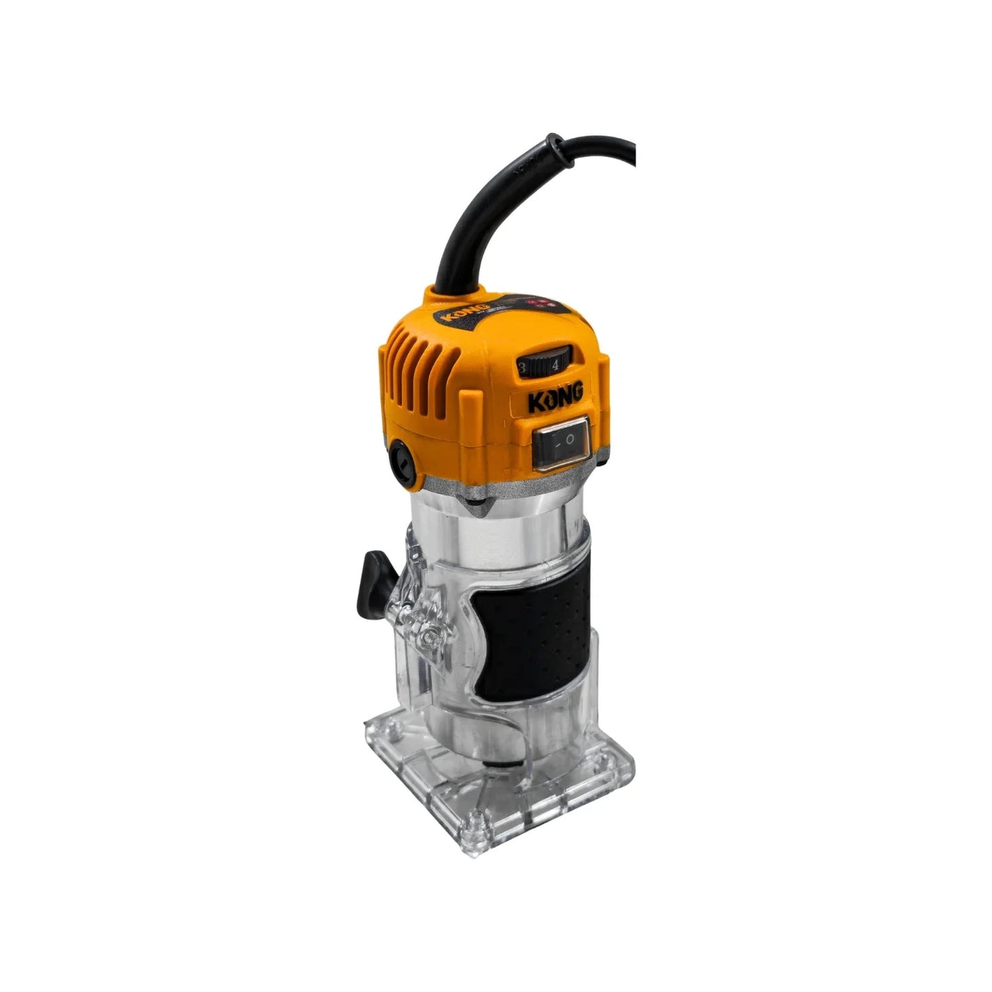 Router de palma eléctrico Kong 700W, amarillo con base transparente y dial de velocidad.