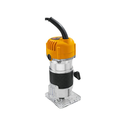 Router eléctrico 700W amarillo para carpintería con base transparente y ajuste de profundidad