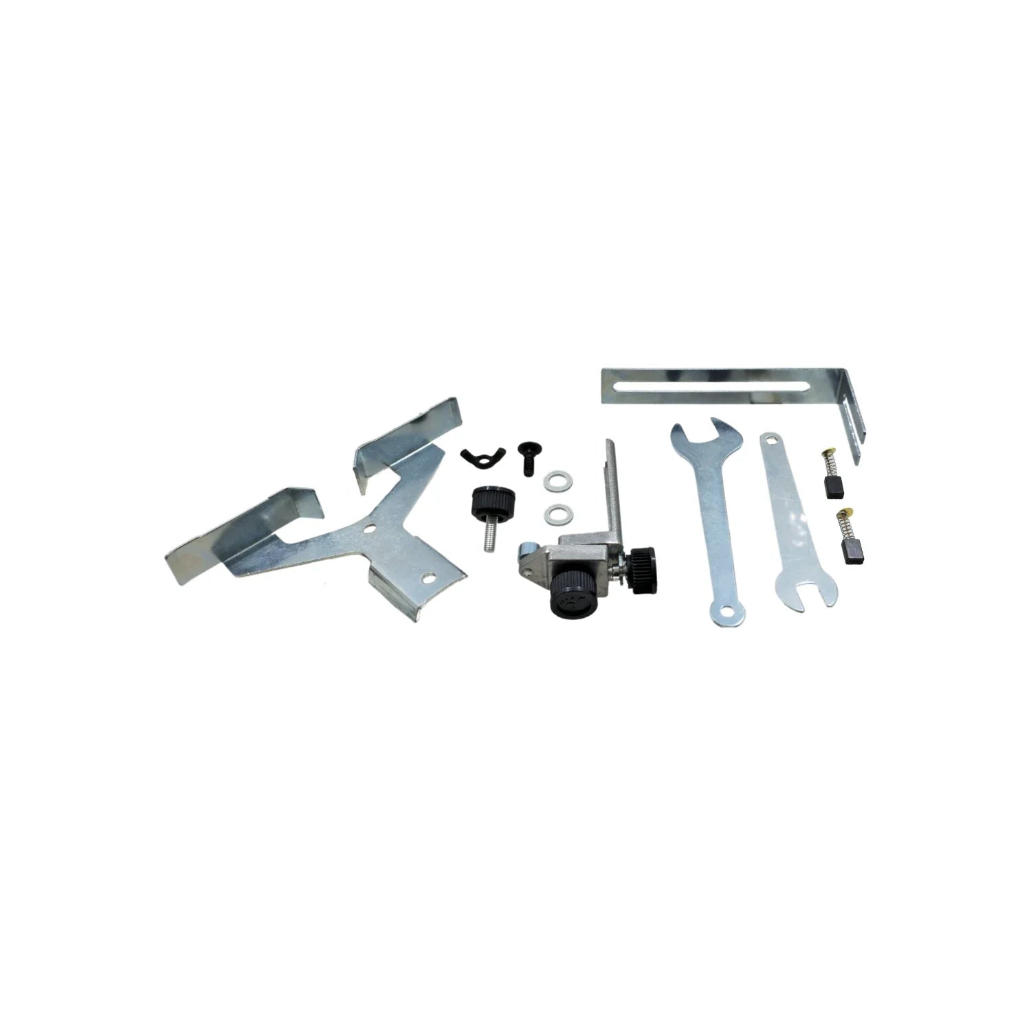 Kit de repuestos y accesorios para router eléctrico: llaves, soportes, regulador de profundidad y carbones.
