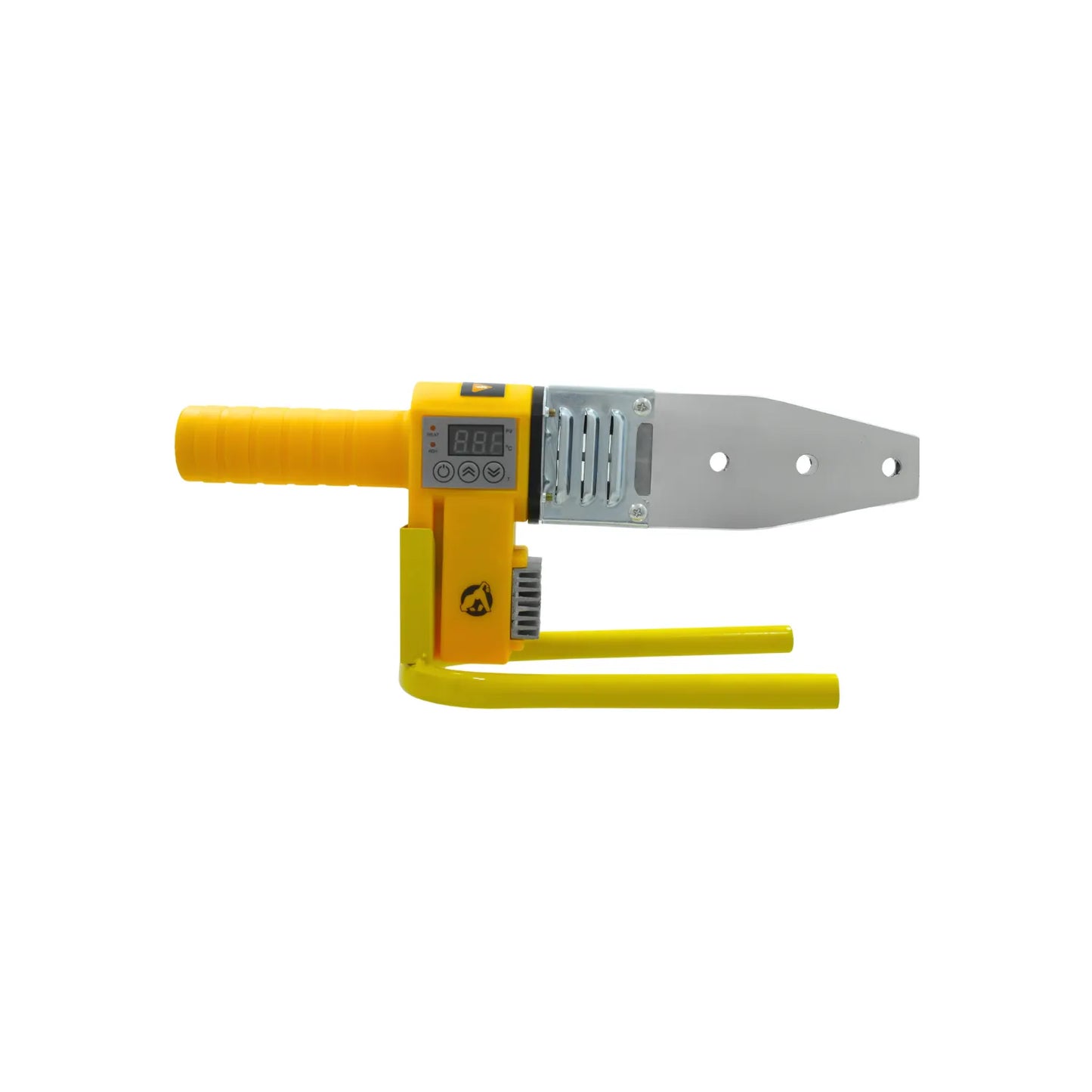 Termofusora digital amarilla para tubería PPR con base de apoyo y pantalla de temperatura LED para soldadura de caños